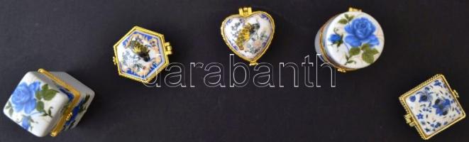 Ékszertartó porcelán dobozkák, matricásak, hibátlanok, 5 db, 5x4 cm