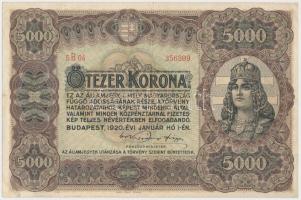 1920. 5000K "Orell Füssli Zürich" piros sorozat- és sorszám T:III kis szakadás Hungary 1920. 5000 Korona "Orell Füssli Zürich" with red serial number C:F small tear Adamo K38