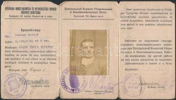 1945 Igazolvány, Építőipari romeltakarítási és helyreállítási munkák központi bizottsága, arcképes, ...