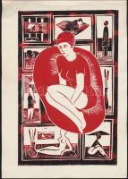 Takács Dezső (1933-): A szocialista nő. Linó, papír, 25,5×16,5 cm