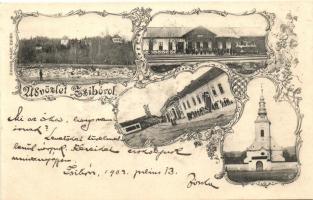 Zsibó, Jibou; Vasútállomás, templom, tér, kiadja Julius Nagy / railway station, church, square, Art Nouveau, floral