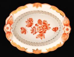 Herendi Viktória mintás kosár, kézzel festett (narancs), jelzett, restaurált, 14×11 cm