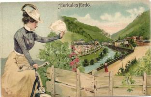 Herkulesfürdő, Baile Herculane; látkép, hölgy biciklin / general view, Lady on bicycle, litho, s: M.S.M (EK)