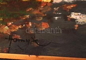 Hornyik Zoltán (1960- ): Erdei fények, olaj, farost, keretben, 25×35 cm