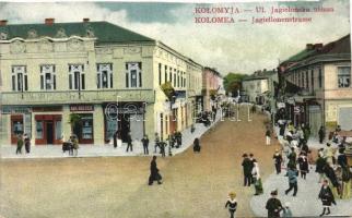Kolomyia, Kolomea; Jagiellonenstrasse, shops of Obuwie Turul and Aba Holder / street, shops (cut)