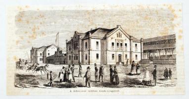 cca 1857 A debreceni indóház északnyugatról, rotációs fametszet a Vasárnapi újságból, papír, jelzés nélkül, 12,5×24,5 cm