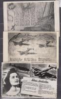3 db RÉGI katonai repülős lap, Karády Katalin dalszöveggel / 3 old military aircraft motive cards, Karády Katalin music sheet