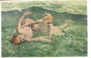 Hullámok játéka / Wellenspiel / Erotic nude art postcard s: Magyar-Mannheimer