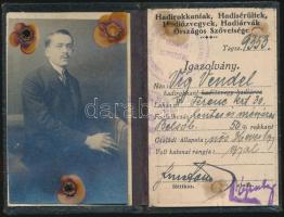 1920 Igazolvány, Hadirokkantak, Hadisérültek, Hadiözvegyek, Hadiárvák Országos Szövetsége, arcképes, belső oldal elvált, 11x7cm