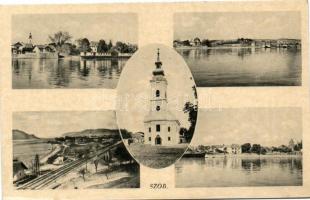 Szob, vasúti híd, templom, látkép a Duna felől