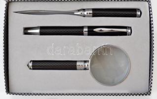 Mutatós asztali írószer készlet: nagyító, levélbontó kés, toll, díszdobozban