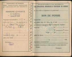 1945 Libret de pensione, Ministerul de Rázboiu, Nyugdíjfüzet hadirokkantnak, nem teljes, 15x20cm