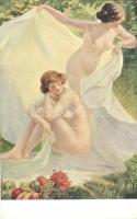 Alarme / Erotic nude art postcard, M.J.S. 141. s: Mondineu