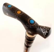 Gazdagon díszített fa sétabot, fém, türkiz, borostyán rátétekkel, h: 94 cm