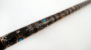 Gazdagon díszített fa sétabot, fém, türkiz, borostyán rátétekkel, h: 94 cm