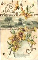 Floral art postcard, golden decoration, Emb. litho (fl)