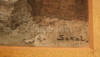 Moish Sokal (1948-): A háború nyomai. Vegyes technika, papír, jelzett,  üvegezett keretben, 13×10 cm