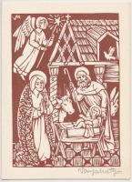 Varga Mátyás (1910-2002): Karácsonyi üdvözlet, . linómetszet, jelzett, művész dedikációjával és aláírásával, 15x11 cm.