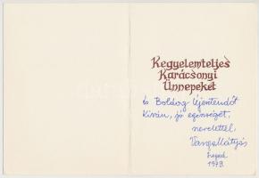 Varga Mátyás (1910-2002): Karácsonyi üdvözlet, . linómetszet, jelzett, művész dedikációjával és aláí...