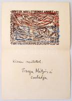 Varga Mátyás (1910-2002): Boldog Karácsonyt kíván, linómetszet, művész dedikációjával és aláírásával, 11x15cm