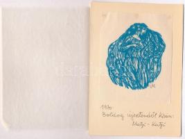Varga Mátyás (1910-2002): Boldog újesztendőt kíván, linómetszet, művész dedikációjával és aláírásával, 11x15cm