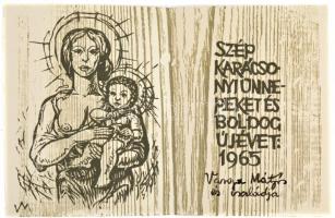 Varga Mátyás (1910-2002): Boldog Karácsonyt és újesztendőt kíván, linómetszet, művész dedikációjával és aláírásával, 11x15cm