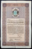 Ausztria / Bécs 1915. "Osztrák 5 1/2%-os Hadikölcsön-kötvény, 1915" kötvény 1000K-ról szelvényekkel, bélyeggel és bélyegzéssel T:III ragasztott Austria / Vienna 1915. "Austrian 5 1/2% War Loan, 1915" bond about 1000 Kronen with coupons, with stamps C:F sticked