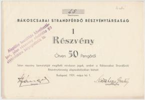 Budapest 1931. "Rákoscsabai Strandfürdő Részvénytársaság" részvények 50P-ről, bélyegzésekkel (3x) sorszámkövetők T:I-