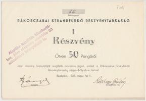 Budapest 1931. "Rákoscsabai Strandfürdő Részvénytársaság" részvények 50P-ről, bélyegzésekk...