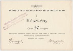 Budapest 1931. "Rákoscsabai Strandfürdő Részvénytársaság" részvények 50P-ről, bélyegzésekk...