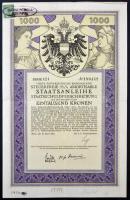 Ausztria / Bécs 1916. "4. 5 1/2%-os Osztrák Hadikölcsön-kötvény" államadóssági kötvénye 1000K-ról szelvényekkel, bélyeggel, bélyegzésekkel T:III Austria / Vienna 1916. "4th 5 1/2% Austrian War Loan" public debt bond about 1000 Corona with coupons and stamps C:F