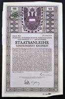 Ausztria / Bécs 1917. "7. 5 1/2%-os Osztrák Hadikölcsön-kötvény" államadóssági kötvénye 100K-ról szelvényekkel, bélyeggel, bélyegzésekkel T:II- Austria / Vienna 1917. "7th 5 1/2% Austrian War Loan" public debt bond about 100 Corona with coupons and stamps C:VF