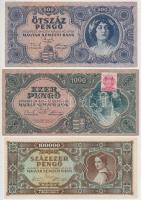 1941. 20P + 1945. 500P + 1000P "MNB" bélyeggel + 10.000P (2x) egyik "MNB" bélyeggel + 100.000P + 1946. 100.000MP + 1.000.000.000MP + 100.000BP T:III