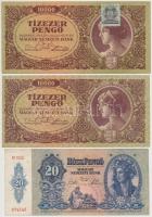 1941. 20P + 1945. 500P + 1000P "MNB" bélyeggel + 10.000P (2x) egyik "MNB" bélyeg...