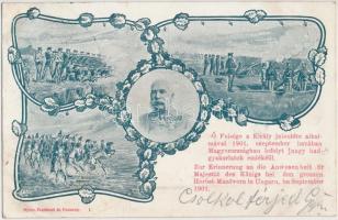 Ő felsége a Király jelenléte alkalmával 1901. szeptember havában Görcsöny és Dolni-Mihojlac mellett lefolyt nagy hadgyakorlatok emlékéül / K.u.K. military, field practice memorial card, Franz Joseph, Art Nouveau floral