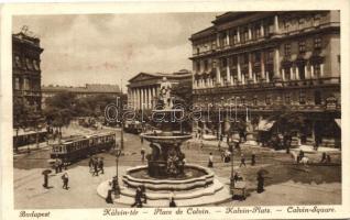 Budapest VIII. Kálvin-tér, szökőkút, villamos