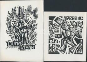 5 db ex libris  klisék és fametszetek: Drahos, R.R, L.I, F.K. jelzés nélkül, 7×5-9×9 cm