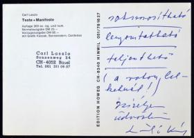 László Károly (Carl Laszlo 1923-2013) író, műgyűjtő által dedikált fotólap, hátoldalán pecséttel