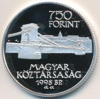 1998. 750Ft Ag "Budapest egyesítésének 125. évfordulója" dísztokban tanúsítvánnyal T:PP