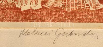 Molnár Gabriella (1940-): Körmenet. Színes rézkarc (EA I/XV), papír, jelzett, üvegezett keretben, 28...