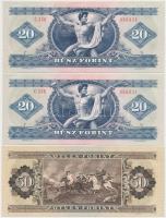 1980. 20Ft (2x) sorszámkövetők + 50Ft + 1984. 100Ft (2x), egyik nyomdai papírráncokkal, másik vágásh...
