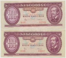 1980. 20Ft (2x) sorszámkövetők + 50Ft + 1984. 100Ft (2x), egyik nyomdai papírráncokkal, másik vágásh...