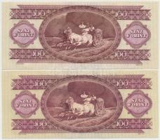 1980. 20Ft (2x) sorszámkövetők + 50Ft + 1984. 100Ft (2x), egyik nyomdai papírráncokkal, másik vágásh...