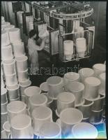 cca 1979 Tiszafüred, az Alumíniumárugyár exportra termel alumínium edényeket, vintage fotó, 22x17,5 cm