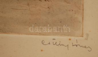 Csillag József (1894-1977): Falu. Színezett rézkarc, papír, jelzett, üvegezett keretben, foltos, 22×...