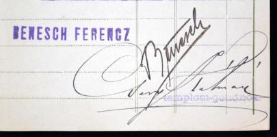 1914 Benesch Ferencz elektrotechnikai vállalkozó által kiadott 2 db számla, mindkettő aláírásával