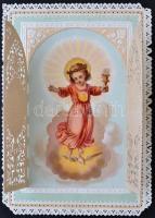 cca 1900 Kinyithatós, litho,  csipke szentkép, apró hibával, 10x7cm