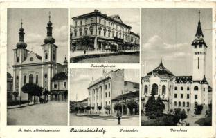 Marosvásárhely, Targu Mures; Római Katolikus plébániatemplom, Takarékpénztár, Postapalota, Városháza / Catholic church, Savings bank, Postal palace, Town hall (b)