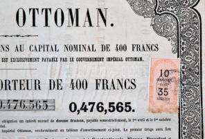 Oszmán Birodalom / Konstantinápoly 1870. Kötvény 400Fr-ról osztrák bélyeggel és bélyegzéssel T:III
...