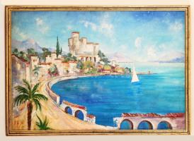 Monostori jelzéssel: Mediterrán látkép. Olaj, vászon, keretben, 60×90 cm